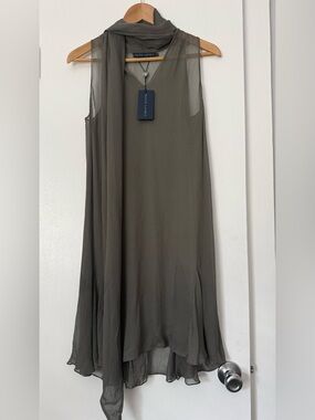 NWT Ralph Lauren Sleeveless 100% silk Olive/grey-green Sheer Scarf Dress size 4